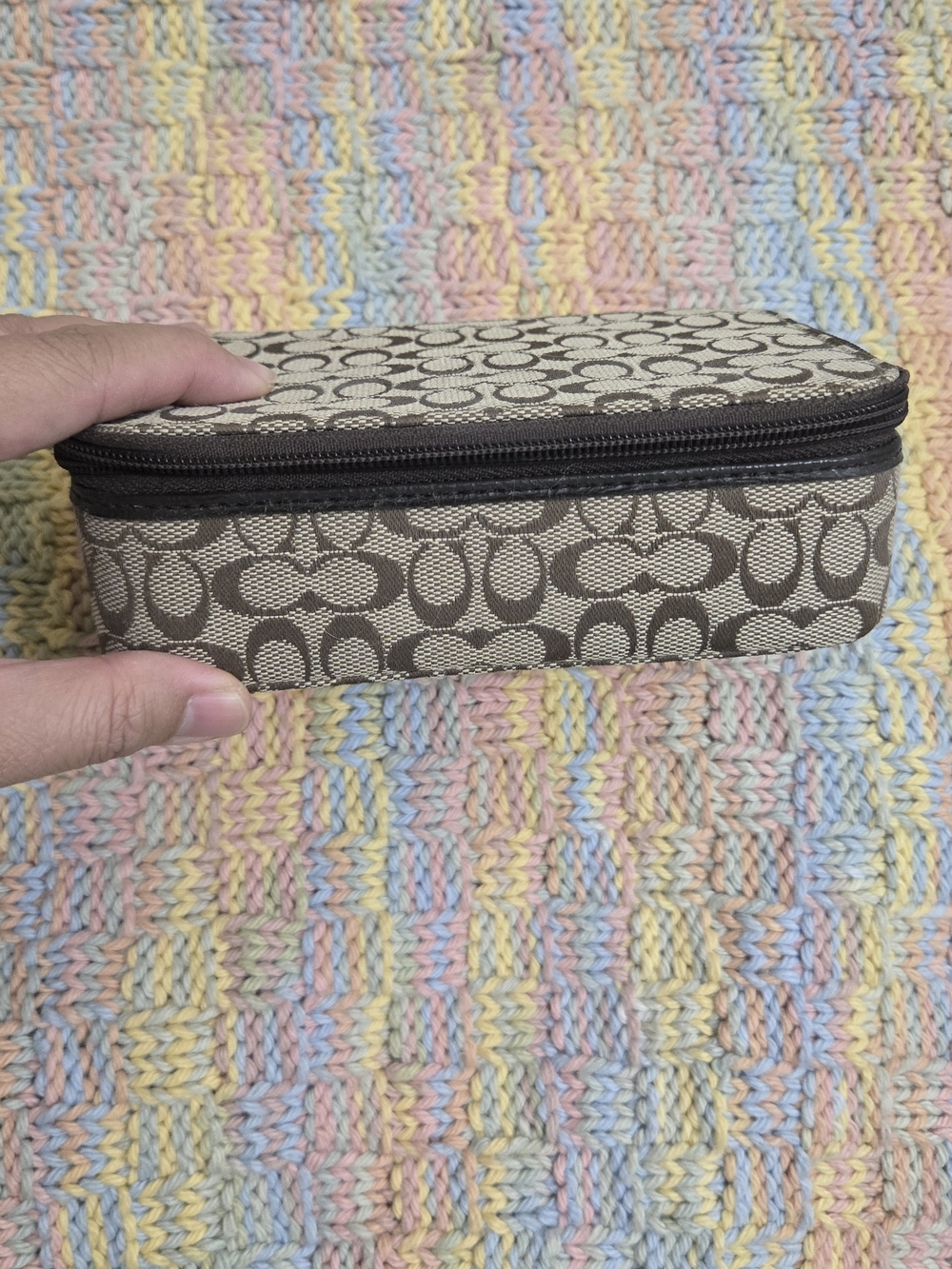 Coach Khaki Mahogany Signature Canvas Leather Travel Jewelry Case